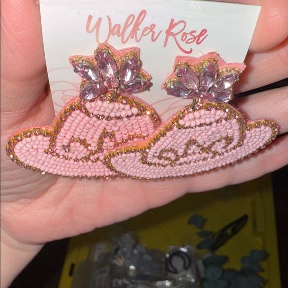 🆕🌿🩷WALKER ROSE: Pink Bead & Crystal Hat Earrings - Picture 6 of 11